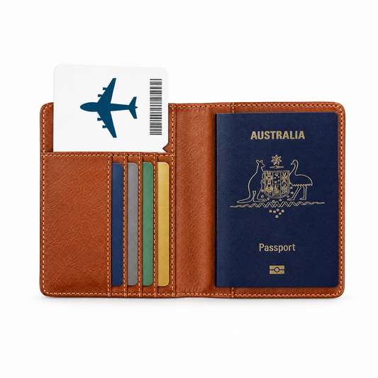 TravelSmart RFID passport wallet in brown, open with Australian passport, cards and boarding pass
