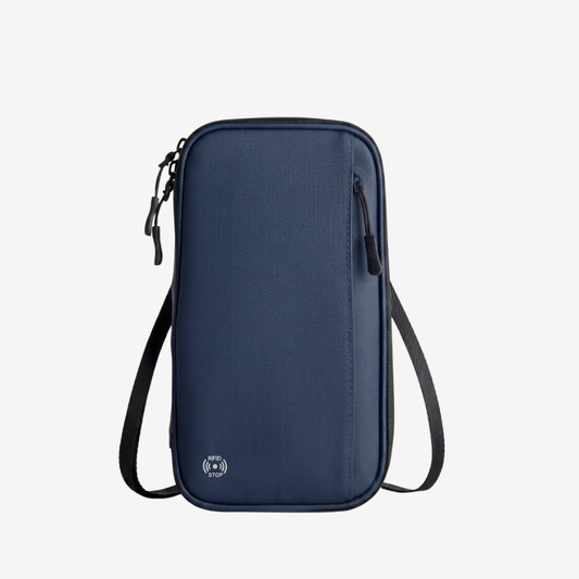 TravelSmart Family Passport Wallet in Navy – zip-around RFID travel document organiser with shoulder strap