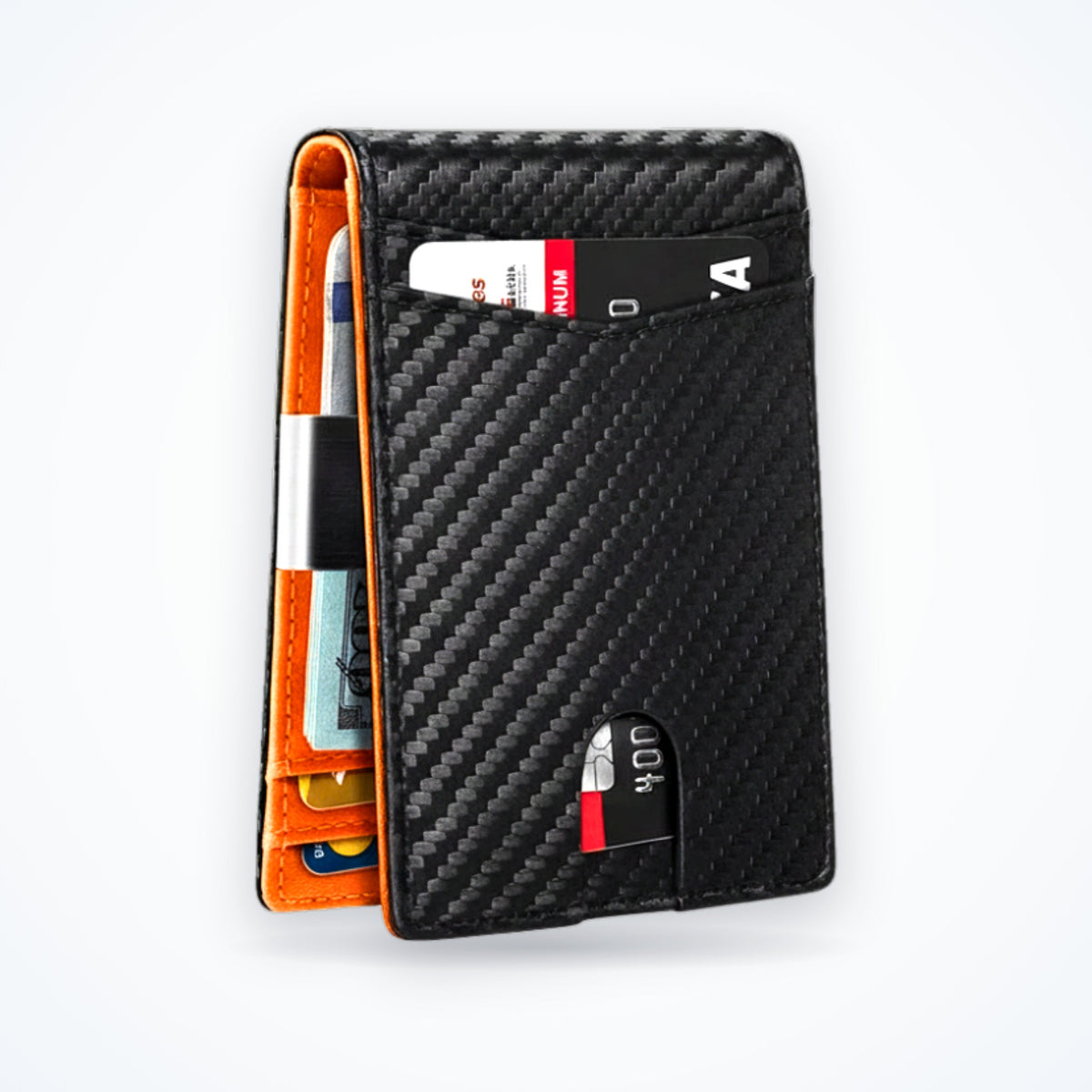 TravelSmart Slimline RFID Wallet in Orange Carbon – slim carbon-fibre bifold with orange interior and front quick-access slot
