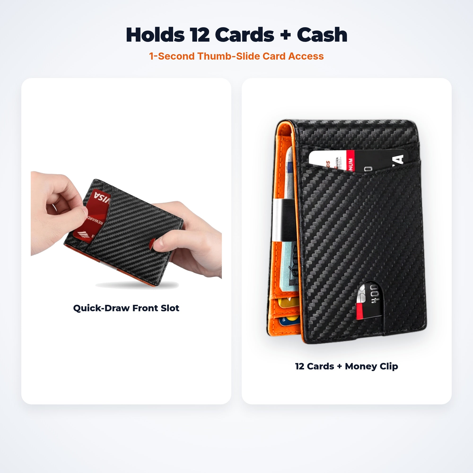 Slim Profile, Serious Capacity – Holds up to 12 cards plus folded cash with outside quick-access slot