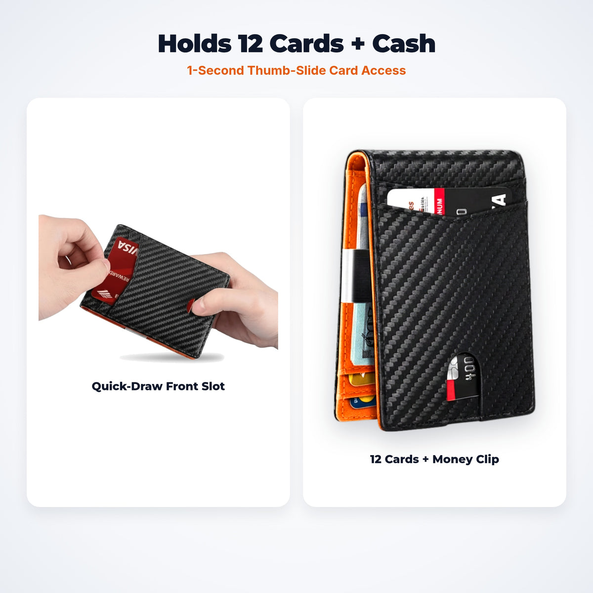Slim Profile, Serious Capacity – Holds up to 12 cards plus folded cash with outside quick-access slot