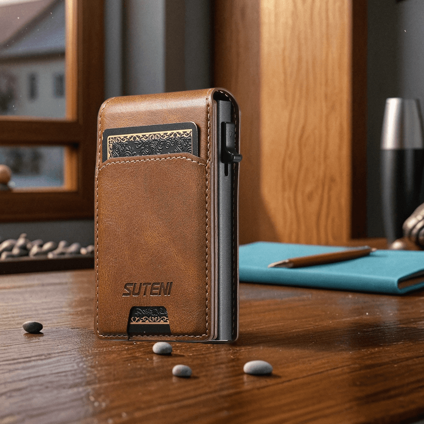 A brown TravelSmart Tactical Classic RFID Wallet by Suteni made from PU leather, displayed on a wooden table with a few cards inside.