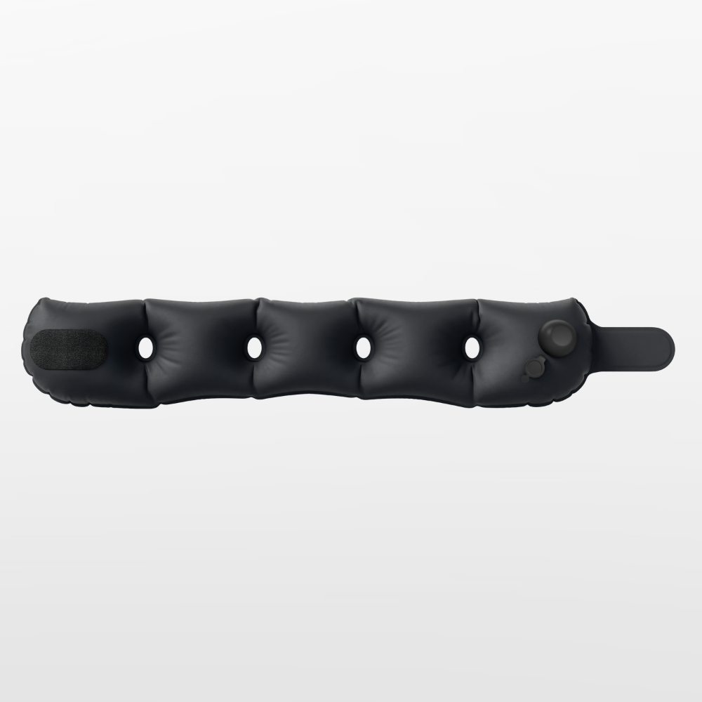 Black inflatable seat cover on a white background