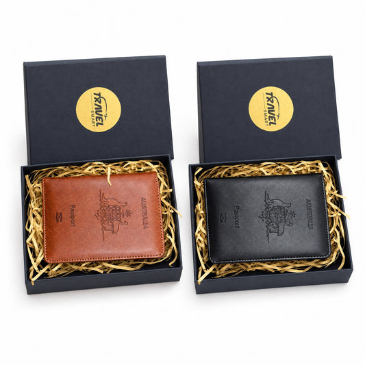 TravelSmart RFID passport wallet gift boxes in black and brown