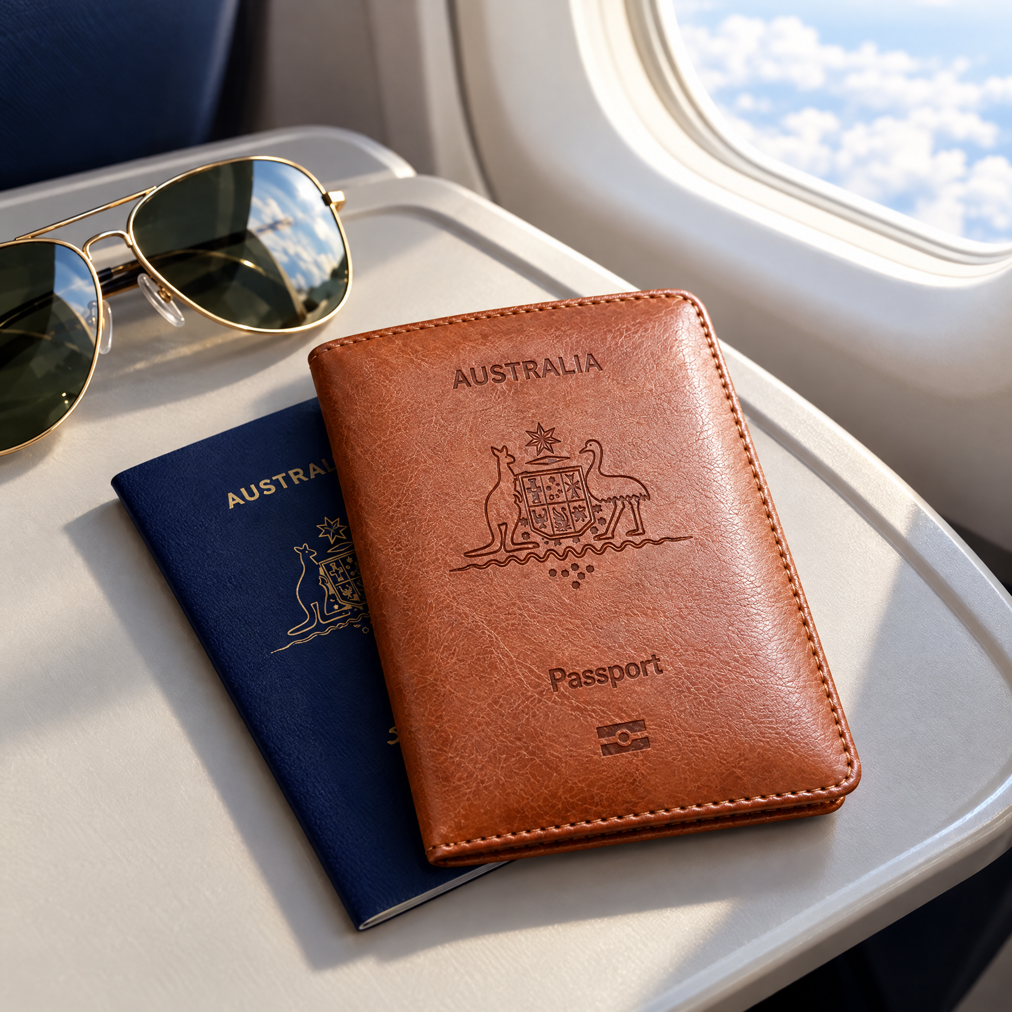 Brown TravelSmart RFID passport wallet on a plane tray table by the window