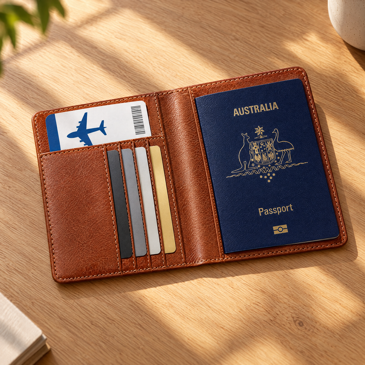 Brown TravelSmart RFID passport wallet open on an oak table with passport and boarding pass