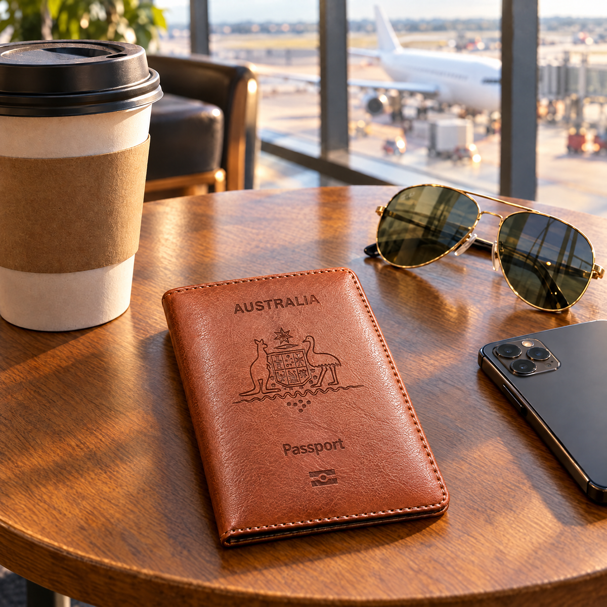 Brown TravelSmart RFID passport wallet on an airport cafe table with coffee