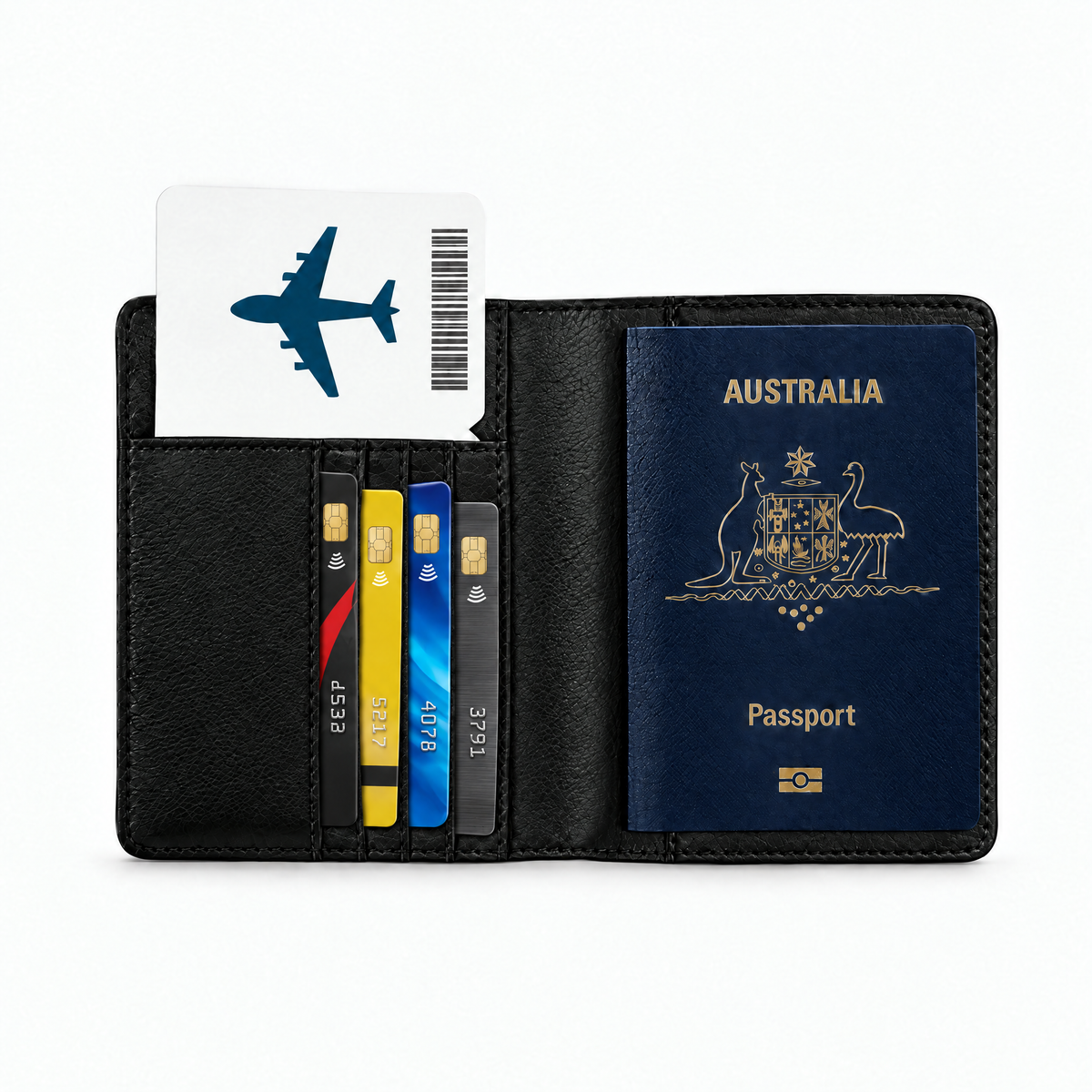 TravelSmart RFID passport wallet in black, open with passport, cards and boarding pass