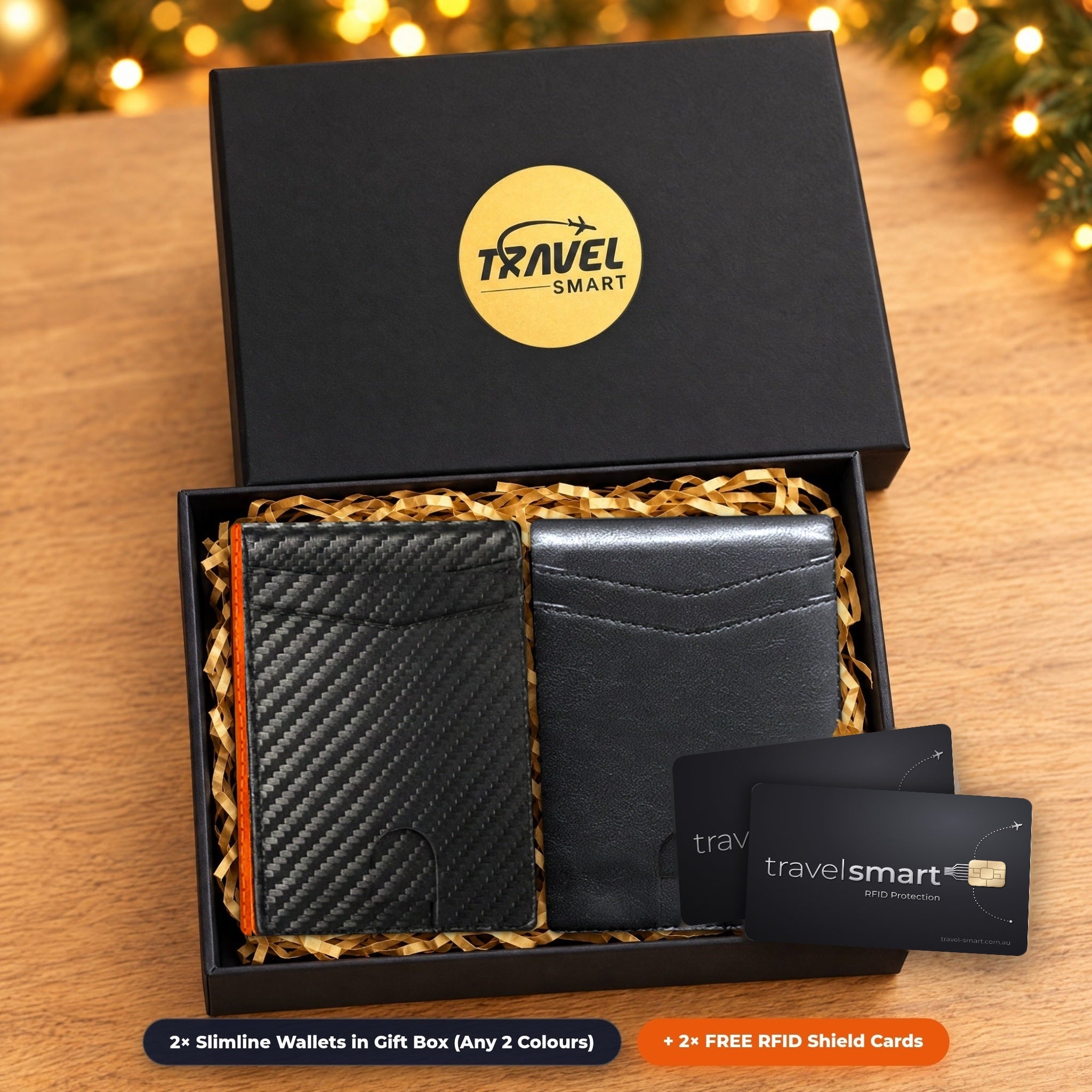 2 Slimline RFID Wallets in the TravelSmart gift box with 2 free RFID Shield Cards