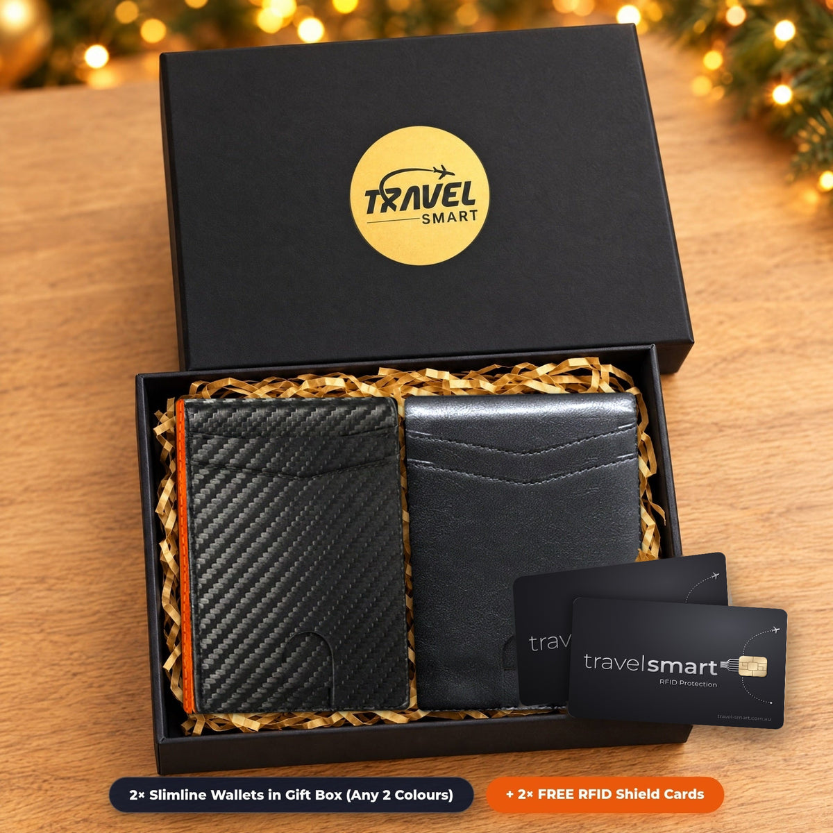 2 Slimline RFID Wallets in the TravelSmart gift box with 2 free RFID Shield Cards