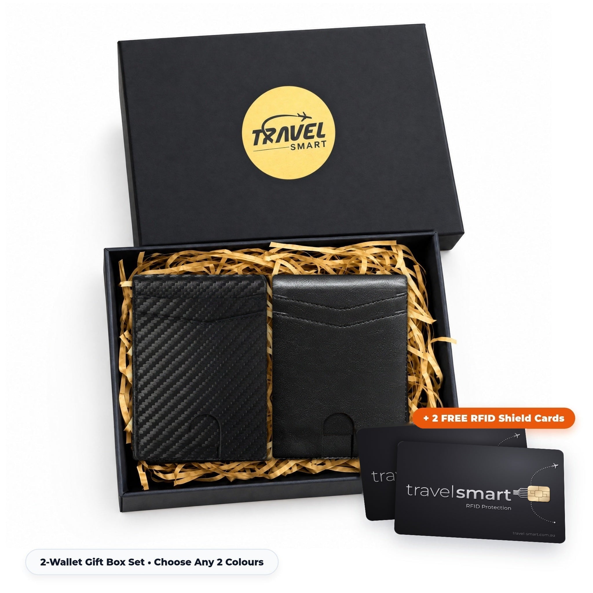 2 TravelSmart Slimline RFID Wallets (Carbon Fibre Black and Classic Black) in the TravelSmart gift box with 2 free RFID cards