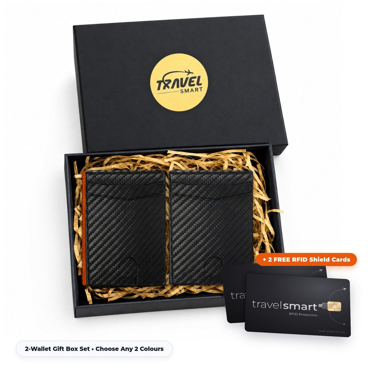 2 TravelSmart Slimline RFID Wallets (Orange Carbon and Carbon Fibre Black) in the TravelSmart gift box with 2 free RFID cards